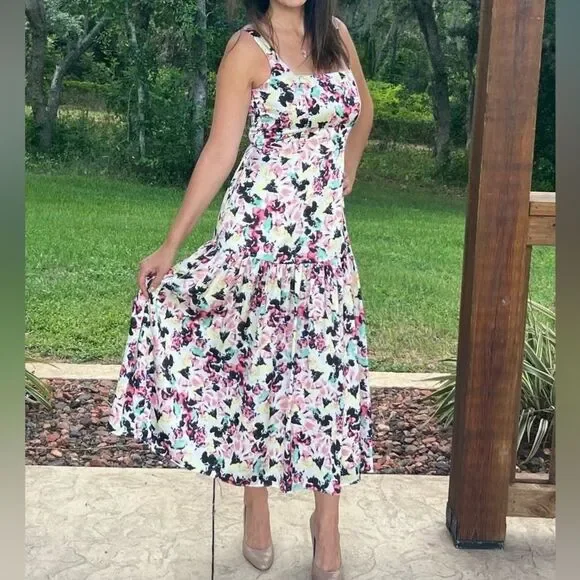 Aidan AIDAN MATTOX Floral Print Square Neck Satin Sleeveless Midi Dress Size 12